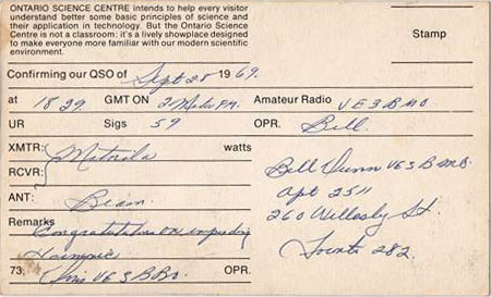 A 1969 VE3OSC QSL card confirming a local Toronto contact via 2m FM.