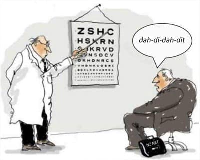Optometrist points to letter C on eye test chart. Patient responds with dah-di-dah-dit.