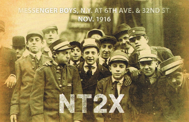 QSL card with photo of telegram message boys in New York City in 1916