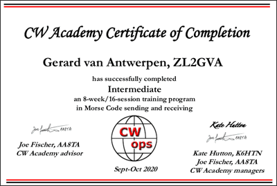 CW Academy intermediate certificate for ZL2GVA