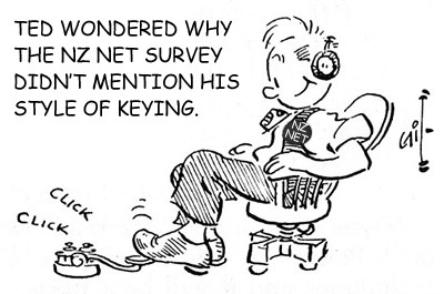 Cartoon: Ted wondered why the NZ Net survey didn't mention his style of keying. Image shows him keying with his foot.