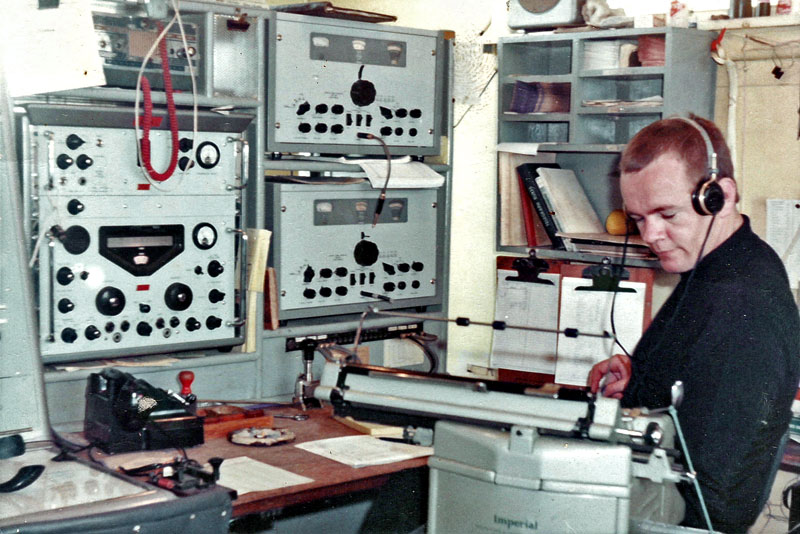John Brennan operating radiotelegraph at Chatham Islands Radio ZLC in 1968