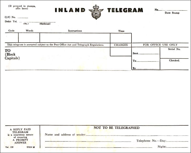 New Zealand Post Office telegram form