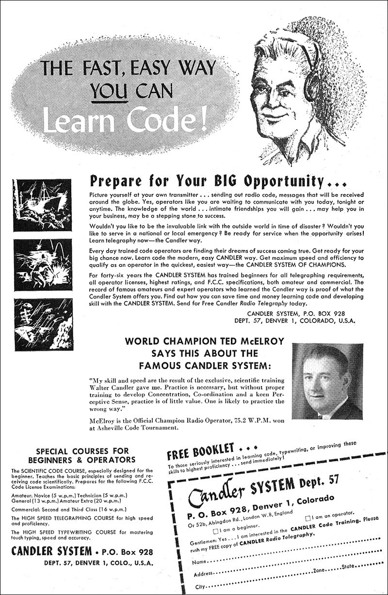 1957 advertisement for Candler System of Morse Code training