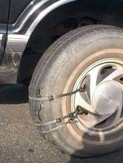 cable ties holding tread onto tyre