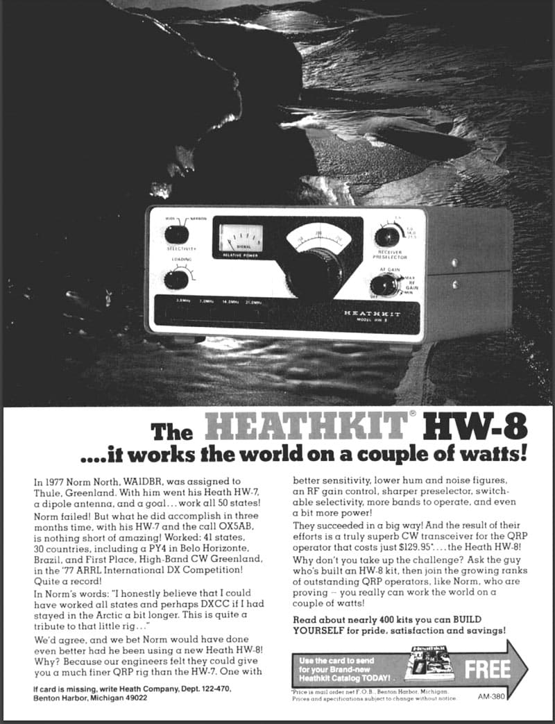 1978 advertisement for Heathkit HW-8 QRP CW transceiver