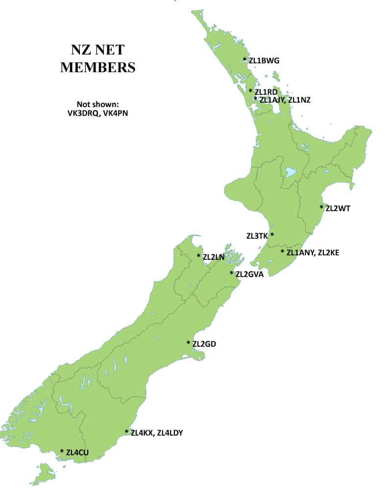 NZ NET coverage map showing 14 member stations including ZL4LDY
