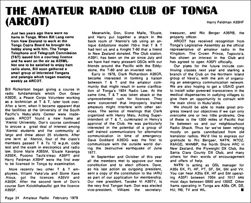 1979 article about Amateur Radio Club of Tonga