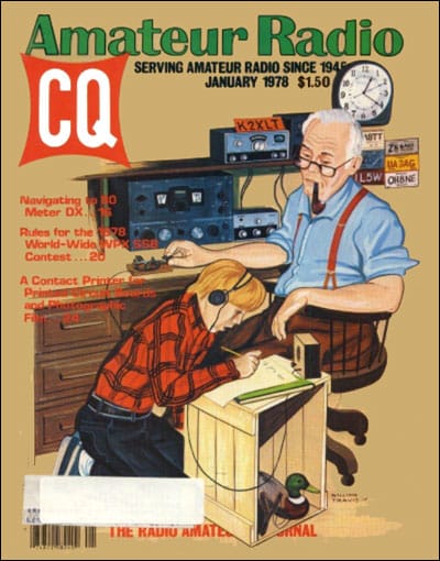 1978 CQ Magazine cover art shows old man teaching CW to a boy