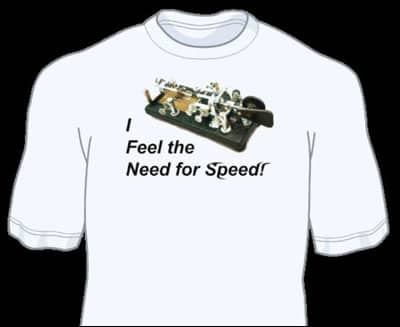 T-shirt with photo of Vibroplex Blue Racer and message I Feel the Need for Speed