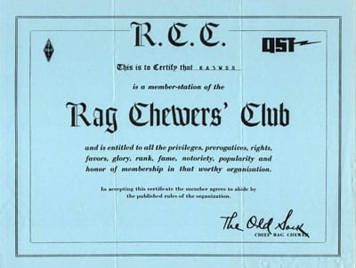 Rag Chewers Club certificate