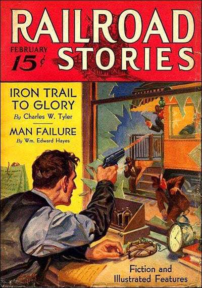Old magazine cover with railroad telegraphist in gunfight