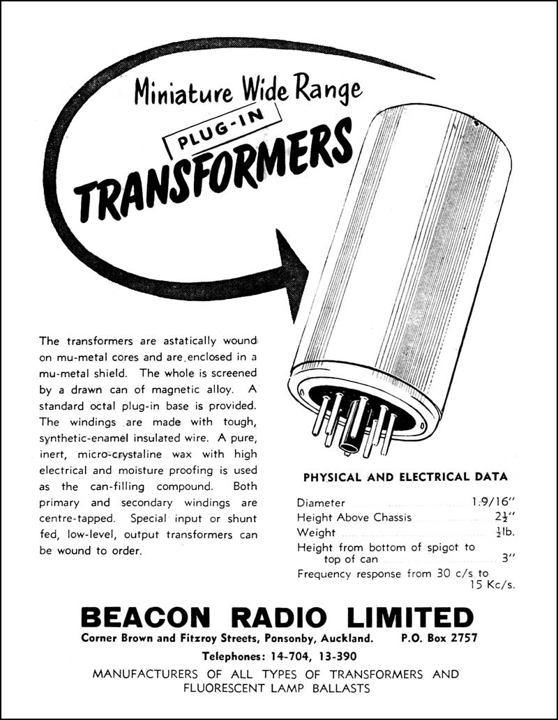 Advertisement for Beacon Radio transformers, Break-in magazine, February 1956