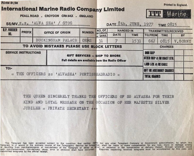 1977 radiogram sent to SS Alva Sea