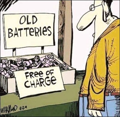 Cartoon of man looking at box of old batteries, with sign saying free of charge