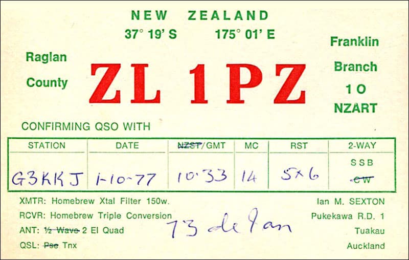 ZL1PZ QSL card from 1977