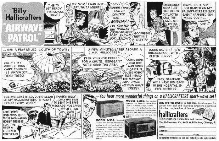 Billy Hallicrafters helps rescue a downed pilot, 1957 comic book style advertisement