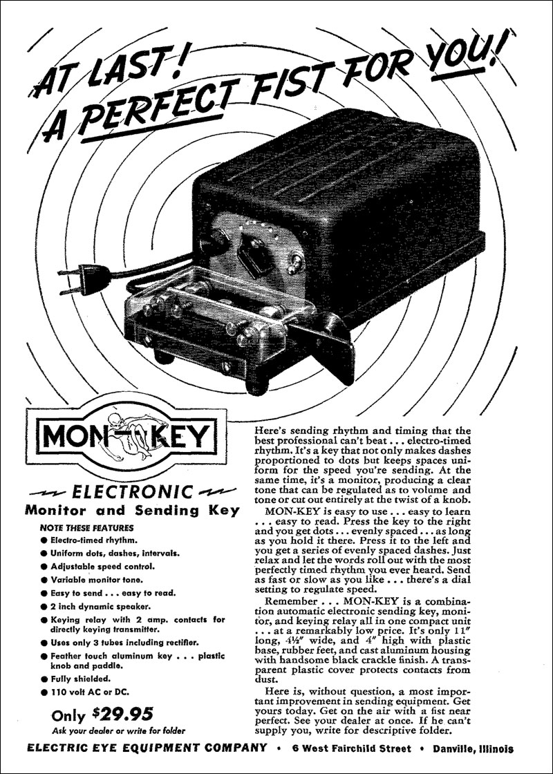 Advertisement for Mon-Key electronic keyer, QST magazine, February 1948