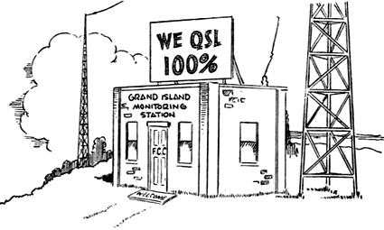 Gldersleeve cartoon showing FCC Monitoring station at Grand Island with big sign reading We QSL 100 per cent.