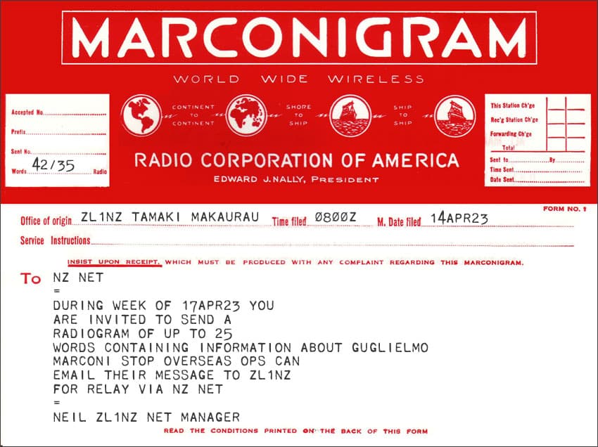 Marconigram with message inviting NZ Net stations to send a message about Marconi during week of 17 April