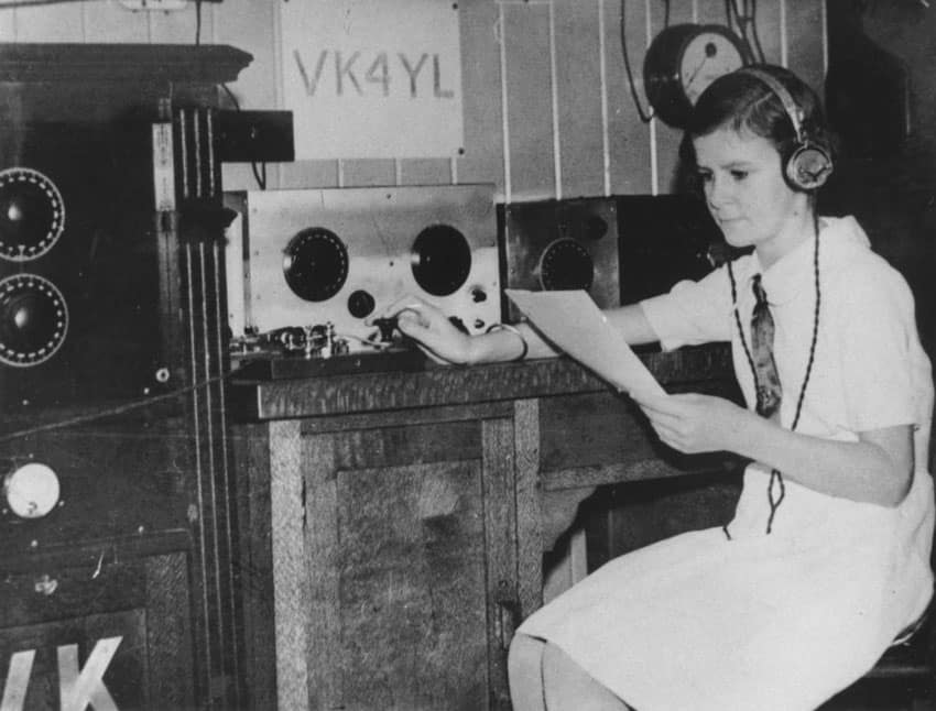 Young Madeline MacKenzie VK4YL at the key of her station in 1934