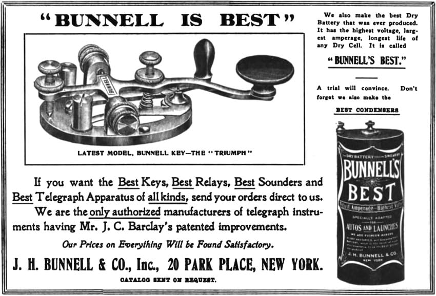 Advertisement for Bunnell Triumph morse key, Telegraph Age, 1909