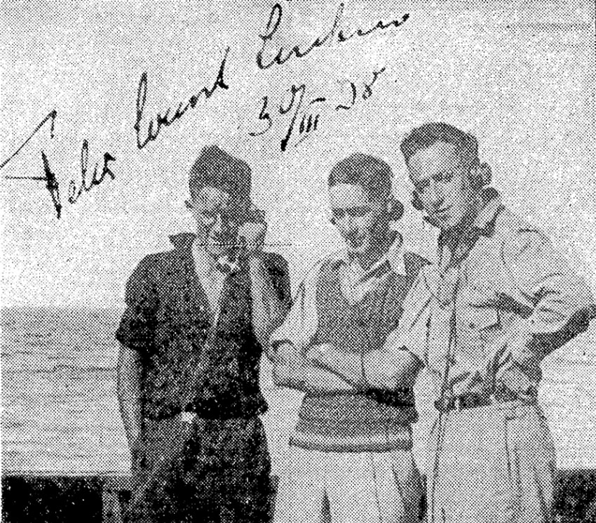 Three young New Zealand amateur radio enthusiasts whose training stood them in good stead. From the left, Messrs. William Young (later atomic bomb research assistant), Frank Scarrott, and John R Shirley, conducting experiments in a trawler off Napier in 1938.