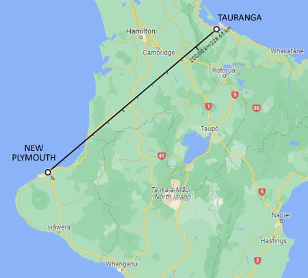 Map showing Tauranga and New Plymouth