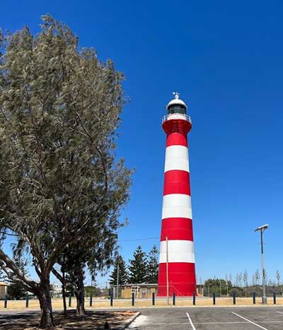 Point Moore Lighthouse, with red and white striped tower