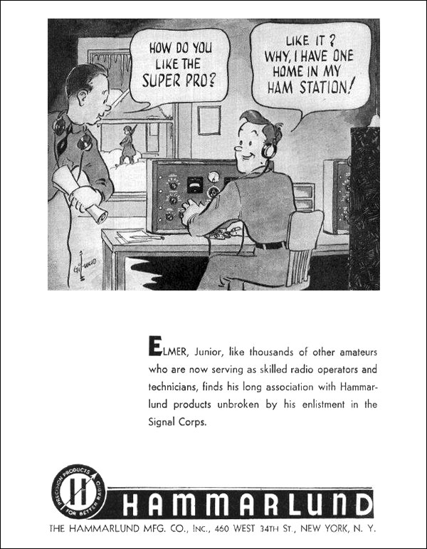 1943 advert for Hammarlund Super Pro receiver shows cartoon signalman telling another soldier it's just like he has in his ham shack.