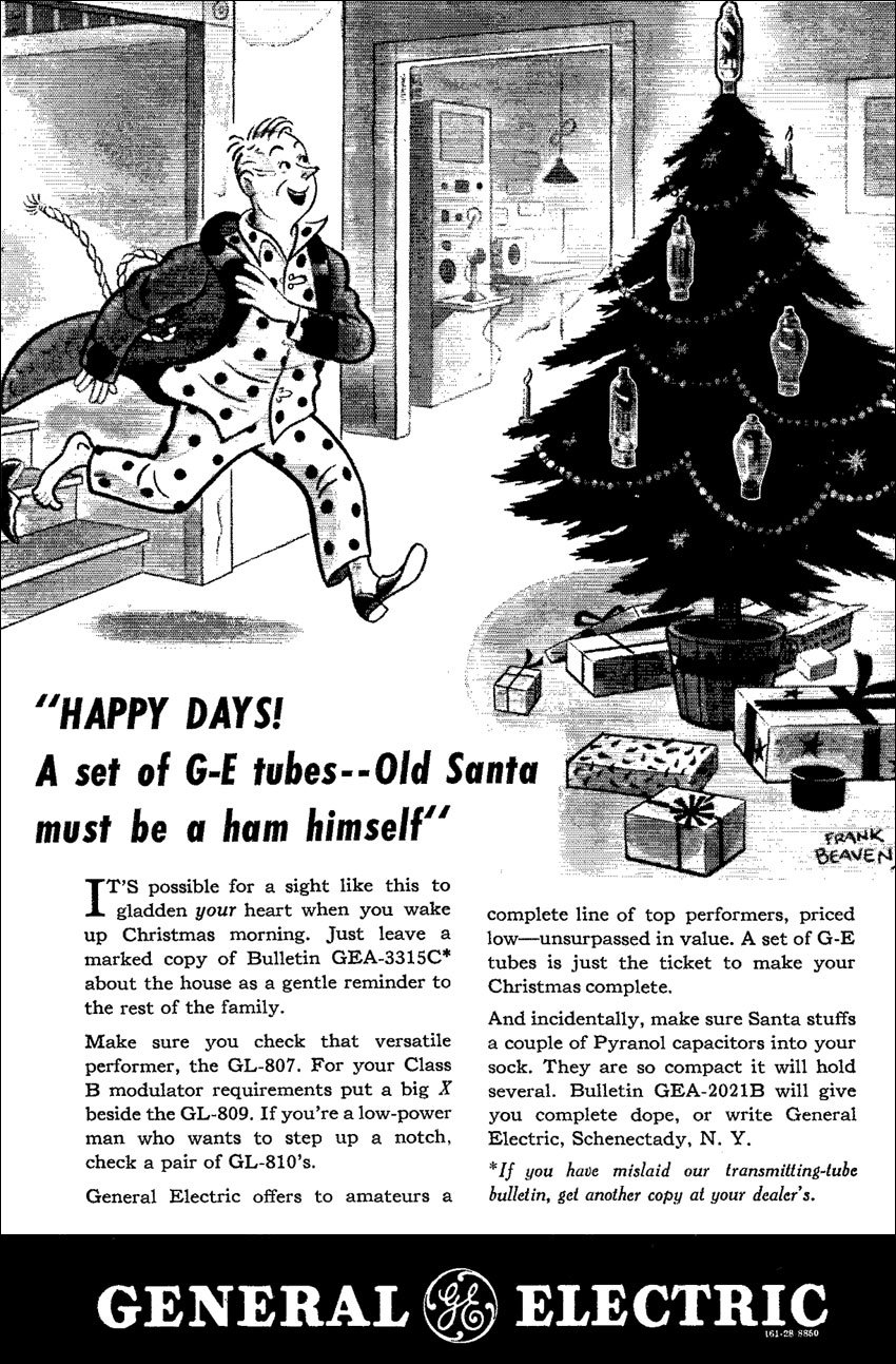 magazine advertisement shows man dashing down the stairs in his pyjamas to find the Christmas tree adorned with big GE valves. His ham shack is visible through a doorway into the next room.