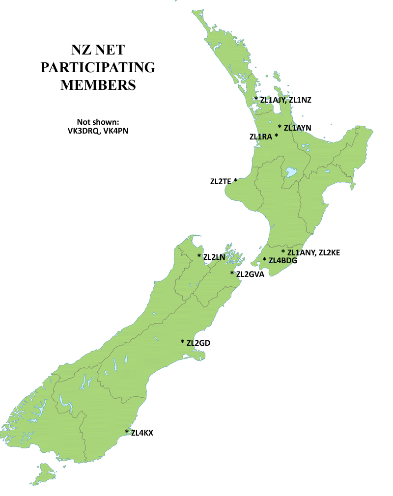 Map showing locations and callsigns of NZ Net members at 1 January 2024