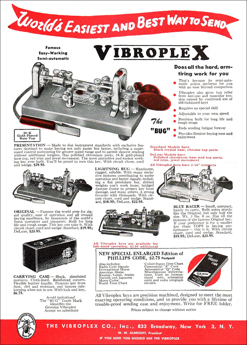 Vibroplex full page advert showing full range of models in the 1957 ARRL Handbook