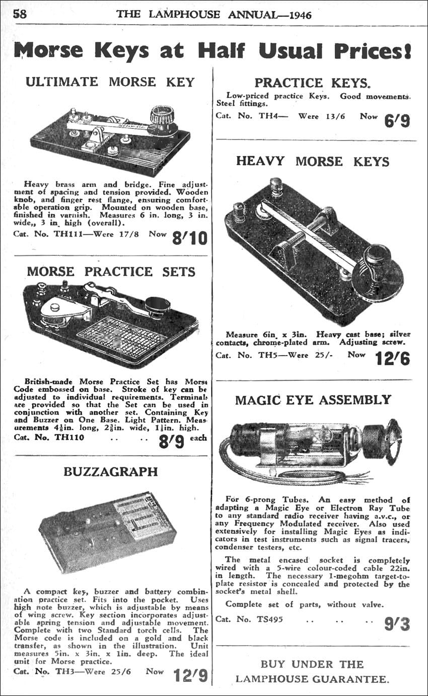 Page from 1946 Lamphouse Annual catalogue showing selection of Morse keys