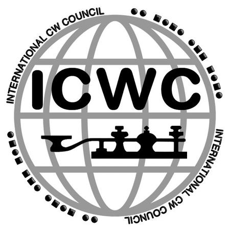 Logo of ICWC, comprising a globe drawing with the letters ICWC over it and a drawing of a straight key