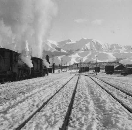 steam train at Springfield NZ in winter 1931