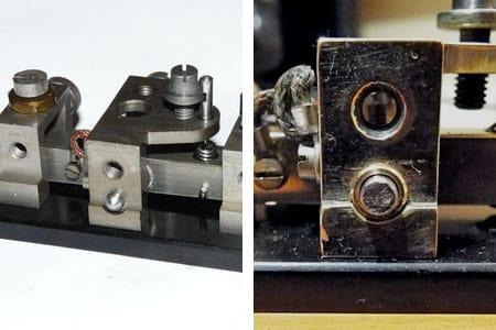 comparison photos of the WT 8 Amp No 2 key with standard trunnion pin and with the ZL2AUA trunnion pin in a bearing