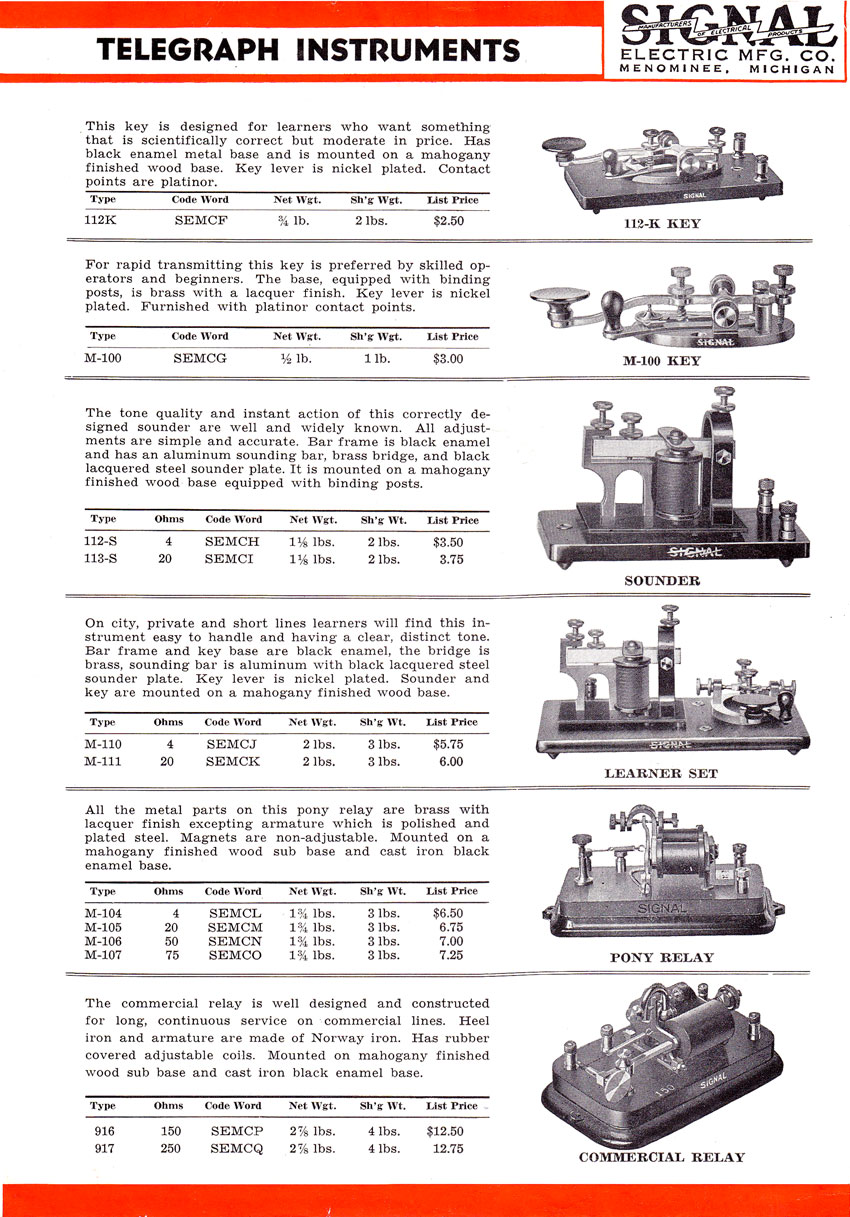 A page from a 1941 Signal Electric brochure showing telegraph keys and sounders