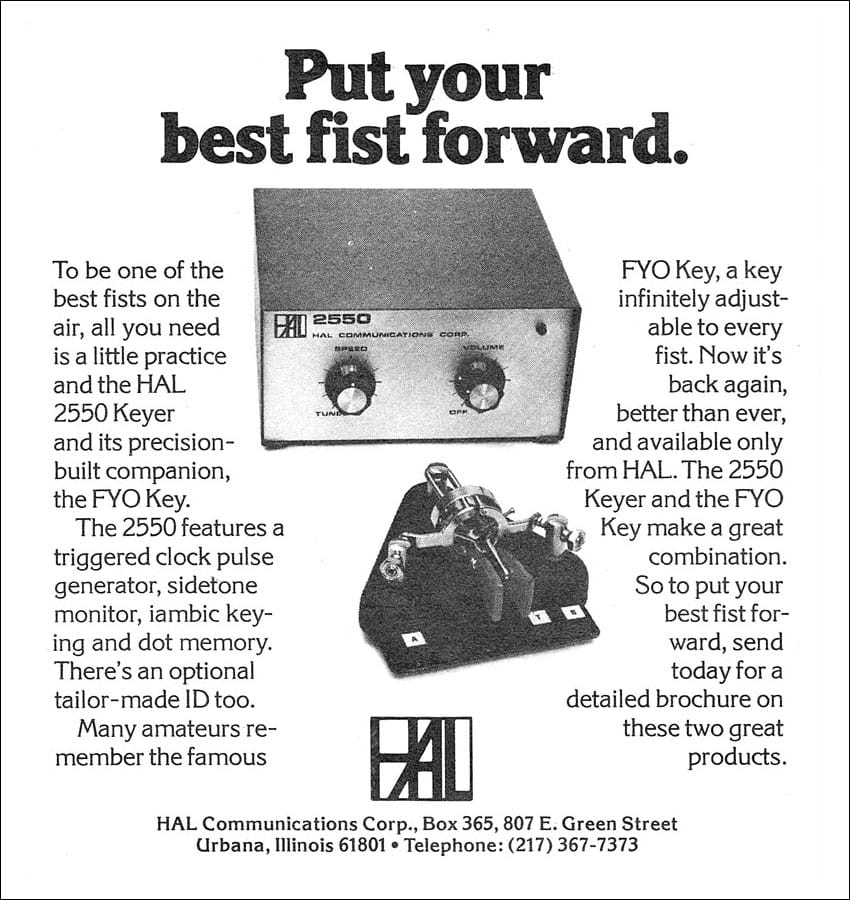 Advert for FYO paddles and HAL 2550 keyer