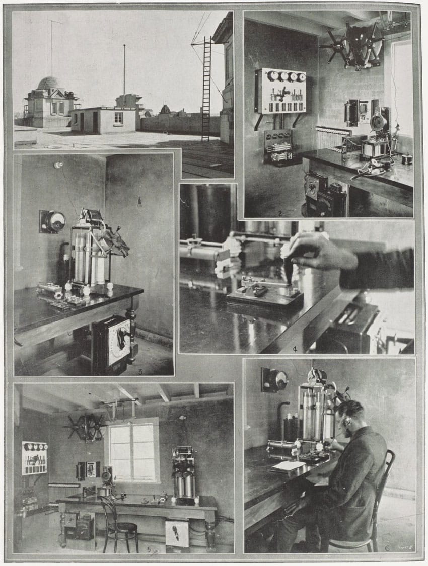 Several photos showing the original Auckland Radio communications station on the roof of the Chief Post Office around 1912