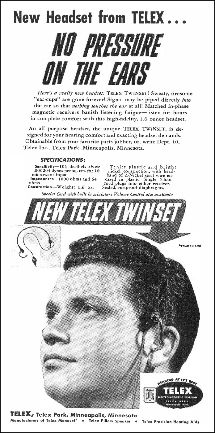 1949 advert for Telex Twinset headset - no pressure on ears