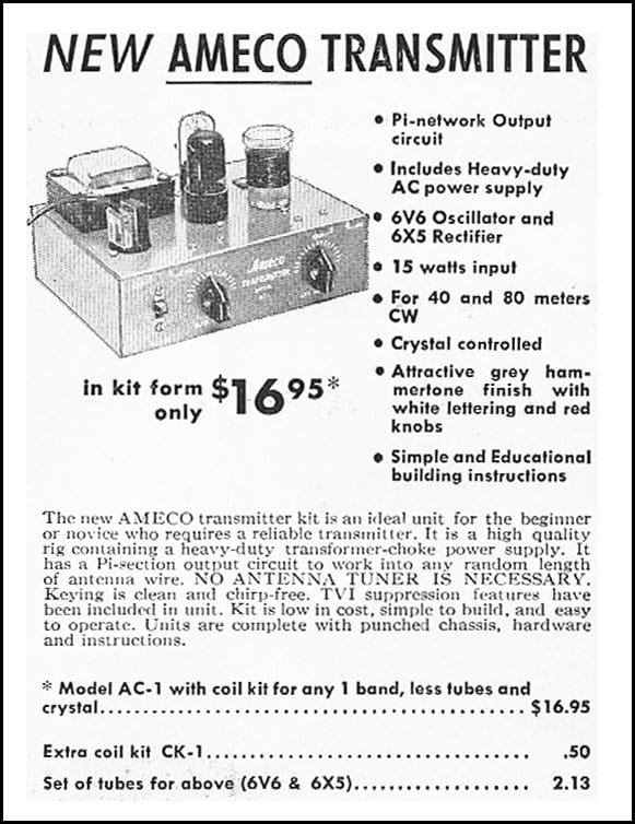 Advertisement for the Ameco novice transmitter, which cost US$16.95 in 1957.