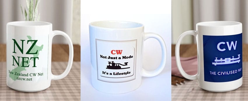 Three NZ Net coffee mugs, showing different designs