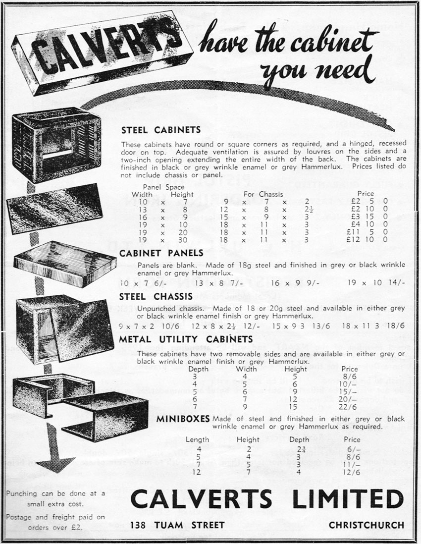 Advertisement for Calverts, a Christchurch firm selling all kinds of metal cabinets