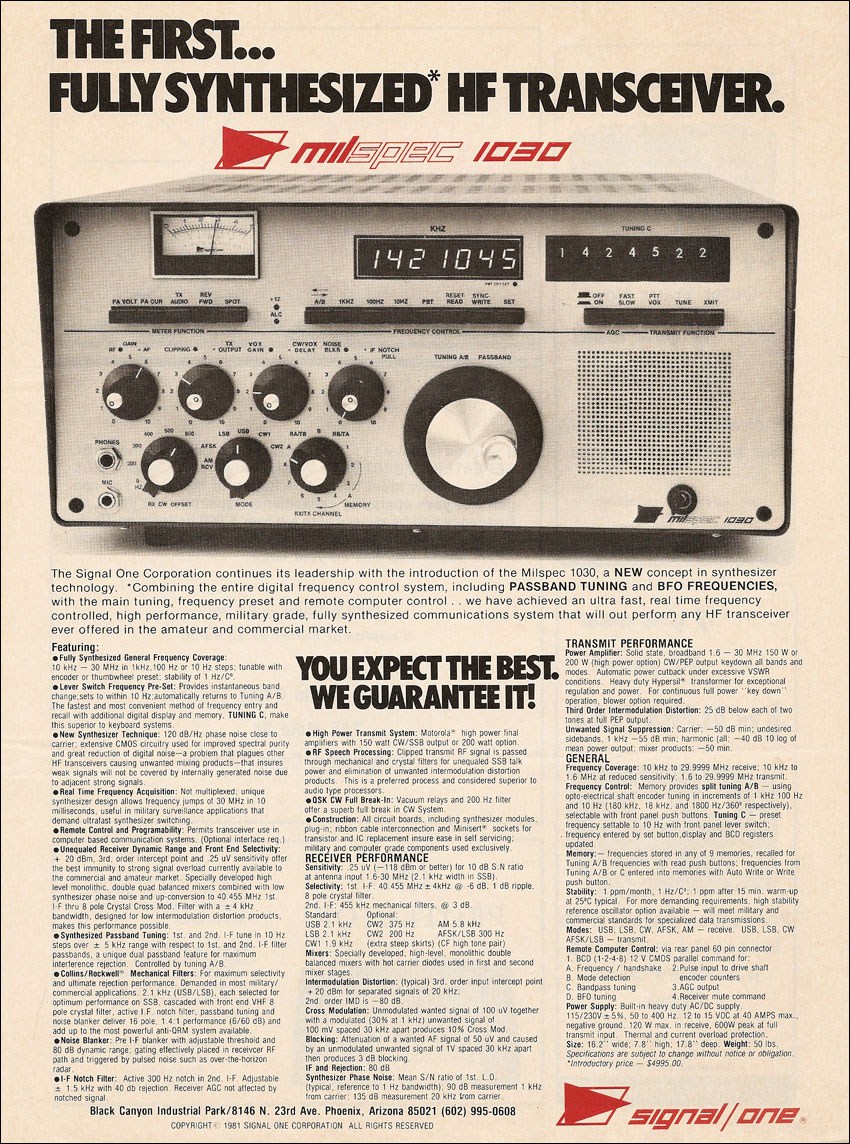 1981 advert for the Signal One Milspec 1030 transceiver