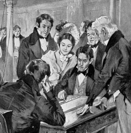 Drawing shows Samuel Morse, surrounded by other people, as he sends the first long-distance telegraph message