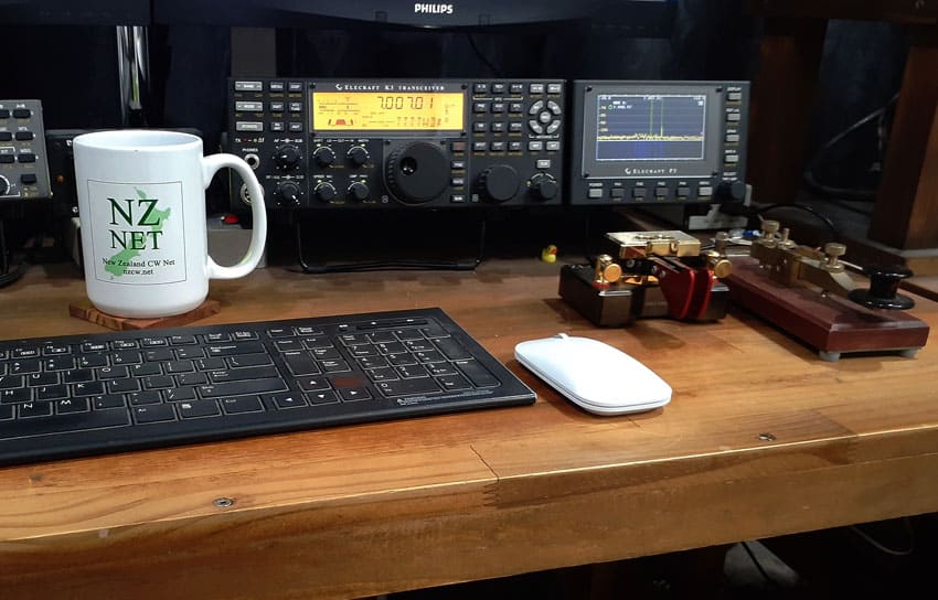 NZ Net coffee mug on the operating desk at ZL4FZ
