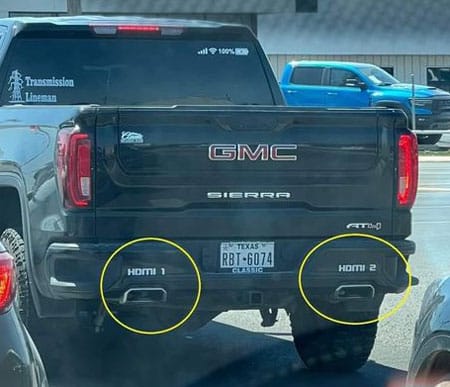 photo of pickup truck with two exhaust pipes labelled HDMI-1 and HDMI-2