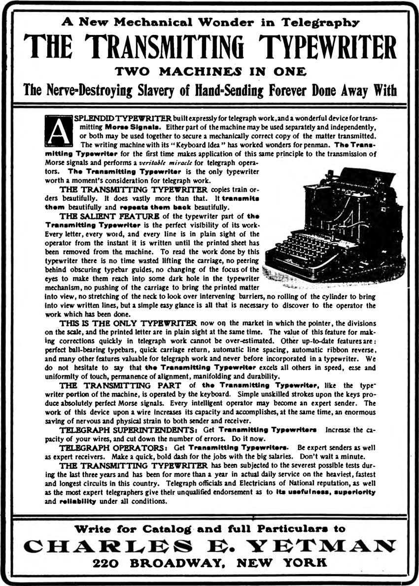 Advertisement from 1903 for a transmitting typewriter, an early form of keyboard-generated Morse Code
