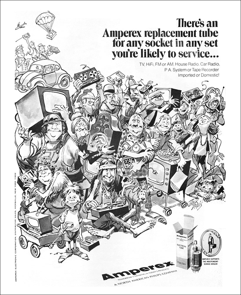 Cartoon ad for Amperex tubes shows crowd of people holding a range of electronic devices
